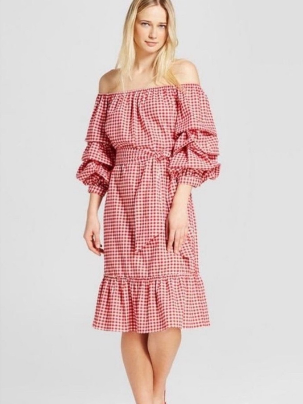 Red Gingham Off-Shoulder Midi Dress with Puff Sleeves
